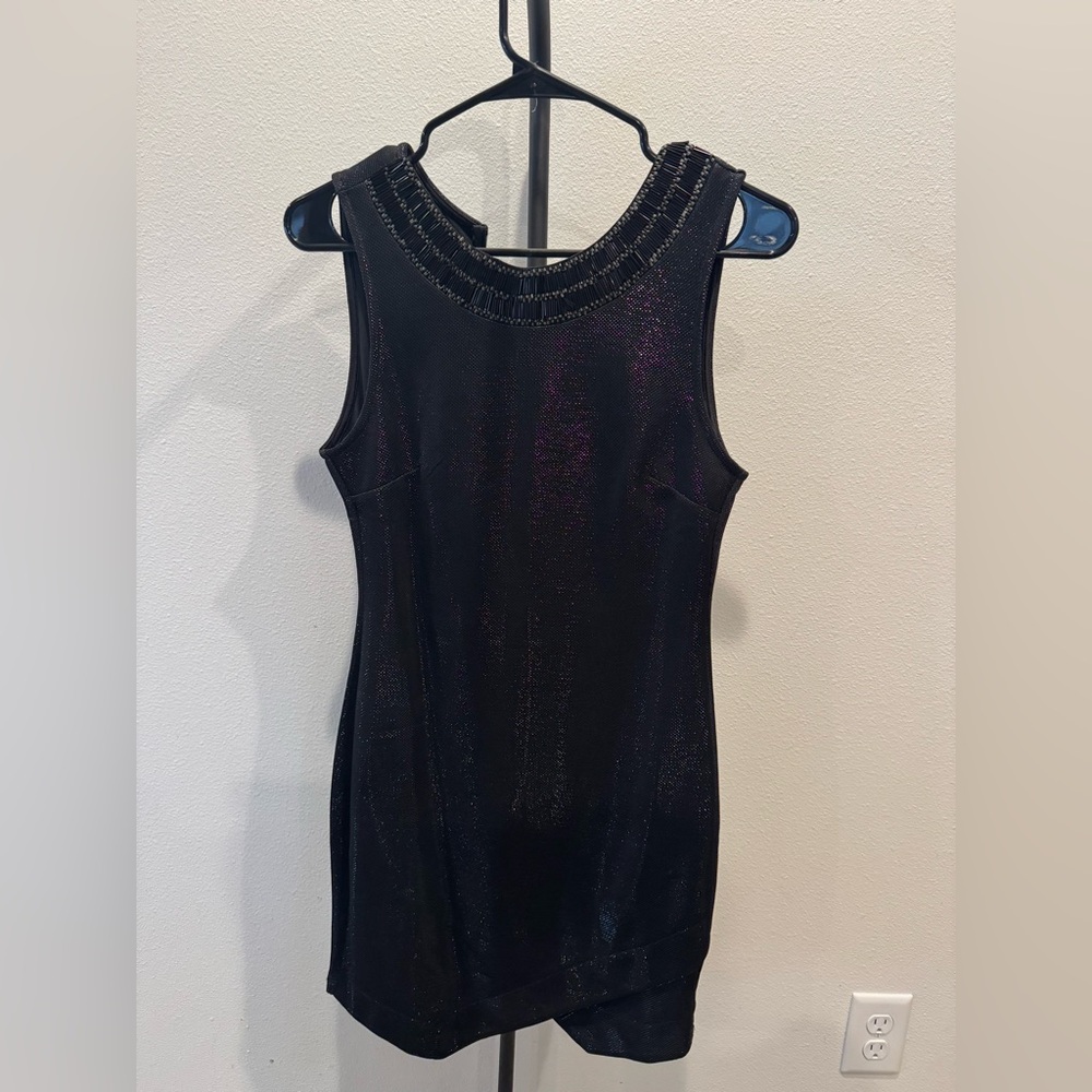 Black Sleeveless Asymmetrical Dress with Beaded Neckline
